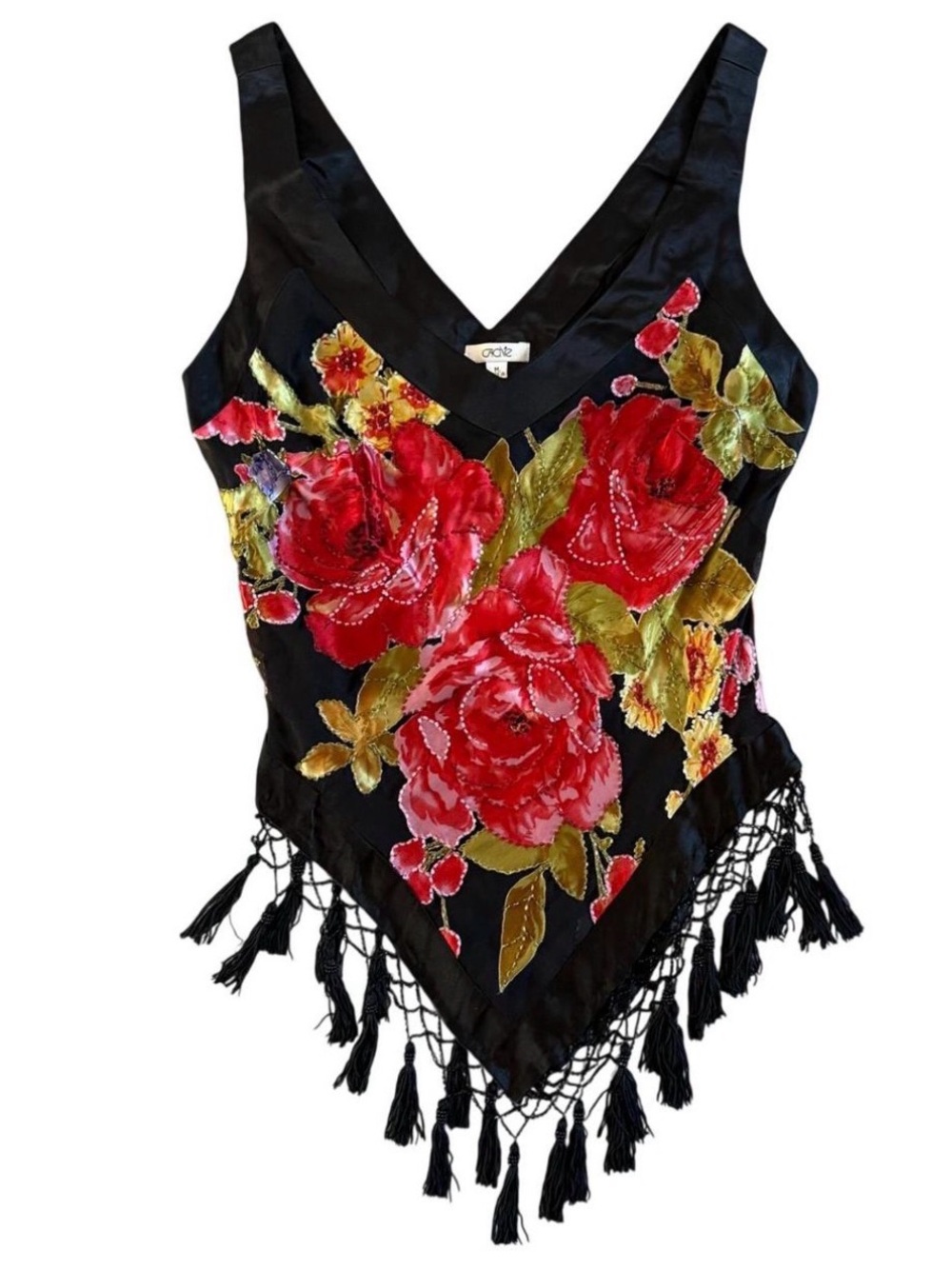 Cache Vintage Y2K Red Floral Burnout Cowl Neck Fringe Tank Top small